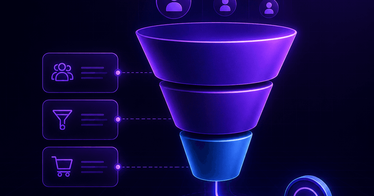Diagrama de funil de vendas dividido em topo, meio e fundo